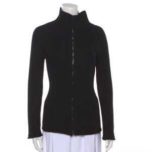 BURBERRY EXTRA FINE MERINO WOOL FULL ZIP BLACK RIBBED SWEATER